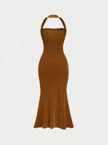 Sweetra Đầm hở lưng thanh lịch viền đuôi cá xếp nếp màu trơn cho nữ - Màu Khaki - Xem 2