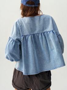 Bohemela Loose Fit Green Women's Vacation Puff Sleeve Shirt