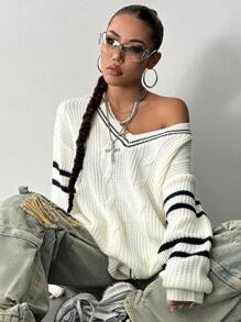 Flirla Women Contrast Color Knitted Long Sleeve Sweater