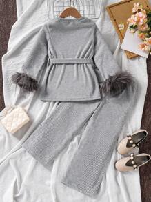 年轻女孩休闲羊毛罗纹圆领长袖上衣和裤子套装 - 灰色 - 查看 2
