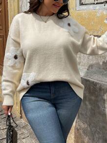 SHEIN LUNE Plus Size Crew Neck Long Sleeve Floral Pattern Simple Casual Pullover Sweater - Apricot - View 3