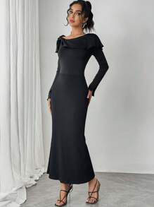 Chiquease فستان أنيق بأكمام طويلة وياقة دائرية ذو موحد اللون - الأسود - مشاهدة 6