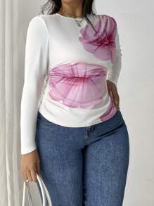 Firerie Plus Size Elegant & Comfy Floral Printed Mesh Round Neck Long Sleeve Versatile Women Top - White - View 6