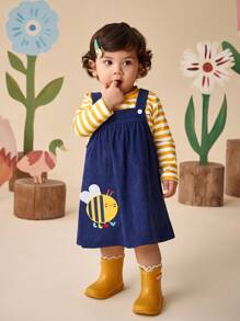 SHEIN Baby Girl 2pcs Cute Long Sleeve Striped Print Top And Bee Embroidered Overall Dress Casual Fashion Outfit, Suitable For Fall - Navy Blue - View 1