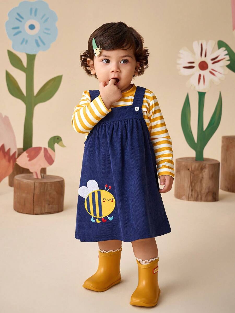 SHEIN Baby Girl 2pcs Cute Long Sleeve Striped Print Top And Bee Embroidered Overall Dress Casual Fashion Outfit, Suitable For Fall - Navy Blue - View 1