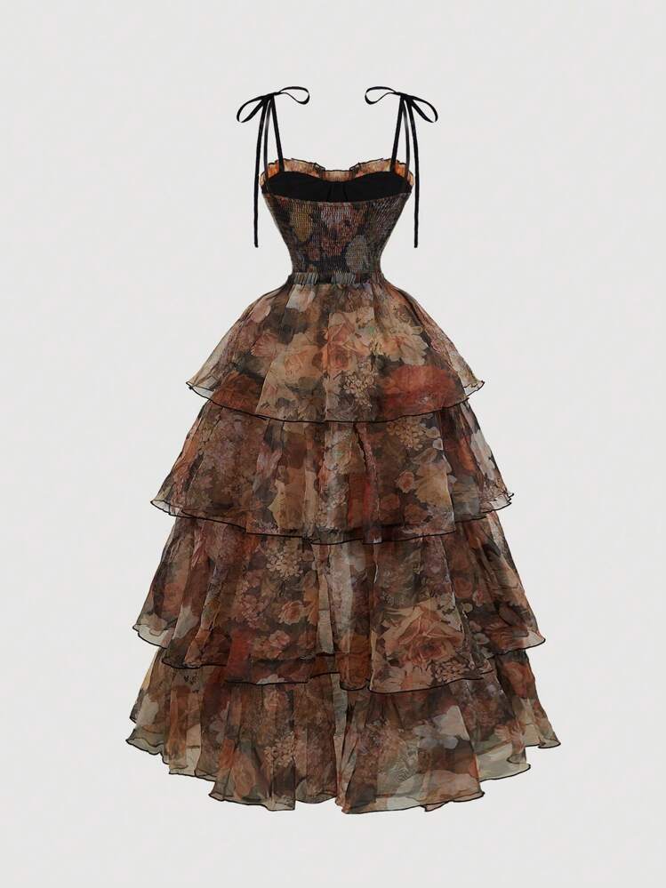 SHEIN MOD فستان برنت زهري كامل جسم برتقالي قديم الطراز "مدمج" مع تنورات قابلة للإزالة متعددة - بطراز قصري ، فستان عيد ميلاد ، فستان سفر ، فستان متراكب ، فستان ، فساتين صيفية للنساء - لون برتقالي - مشاهدة 2