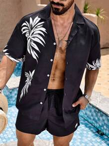 Surfspeed Men Tropical Print Shirt & Drawstring Waist Shorts - Black - View 7