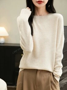 Pull col rond pour femmes, manches longues, tricoté, doux et chaud, pull-over pour l'automne et l'hiver