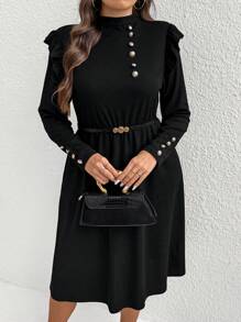 Celure 加大码纯色纽扣装饰立领优雅长袖连衣裙长款女装 - 黑色 - 查看 1