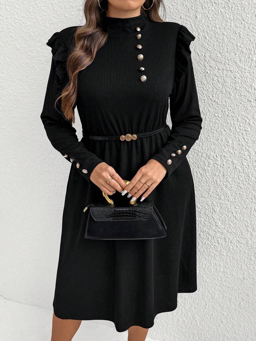 Celure 加大码纯色纽扣装饰立领优雅长袖连衣裙长款女装 - 黑色 - 查看 1