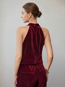 MOTF PREMIUM VELVET STEREO FLOWER DETAIL HALTER NECK WAISTCOAT - Burgundy - View 6