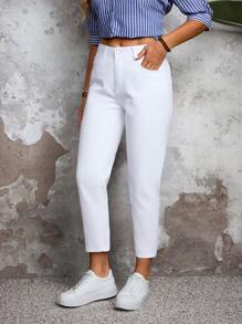 Casual Solid Color Tapered Pocket Fashion Relaxed Fit Jeans - White - View 6