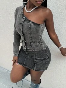 Slaydiva Top sexy de mujer de denim negro con un hombro y manga larga elástica - Negro - Ver 5