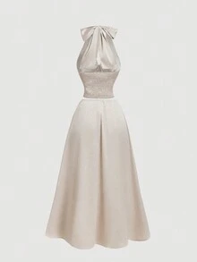 SHEIN MOD 女士蝴蝶结露背短款上衣和裙子套装、女士裙子套装、秋季两件套、返校节礼服、性感连衣裙、优雅女士连衣裙、美人鱼裙、秋季婚礼宾客礼服、香槟色连衣裙 - 杏色 - 查看 2