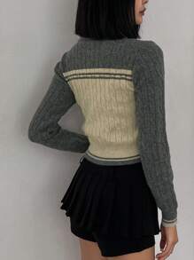 DAZY Women's Fitted Contrast Color Letter Print Cardigan,Fall Clothes - Black - View 4