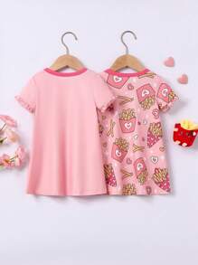 2pcs Baby Girls' French Fries Printed Dress With Ruffle Hem And Matching Home Wear Set - Multicolor - View 2