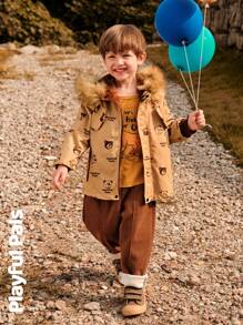 SHEIN 1pc Young Boy Cute Retro Casual Bear Print Long Sleeve Straight Cut Mid-Length Thermal Lined Hooded Padded Coat,Home & Outdoor,Spring/Autumn/Winter - Apricot - View 14