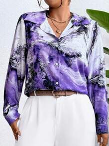 SHEIN LUNE Plus Size Fashion Marble Print Shirt, Autumn - Multicolor - View 3