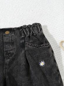 SHEIN Vintaside Kids Tween Girl Autumn Fashionable Embroidered Casual Denim Jeans Summer Holiday - Black - View 4