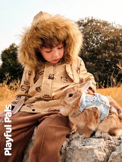 SHEIN 1pc Young Boy Cute/Retro/Casual Bear Print Long Sleeve Straight Cut Mid-Length Thermal Lined Hooded Padded Coat, Suitable For Home & Outdoor, Spring/Autumn/Winter