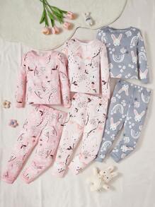 3pcs/Set Young Girl Cute Rabbit & Ditsy Floral Long Sleeve Snug Fit Long Pants Pajamas Set - Multicolor - View 6