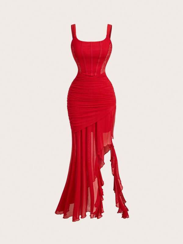 SHEIN MOD Asymmetrisches Spitzenbesatz Mesh-Kleid mit Träger, Schwarzes Kleid, Geburtstags Kleid, Herbst Kleid, Sexy Kleid, Brunch Kleid, Kreuzfahrt Damen Outfit, Abschlussball Kleider