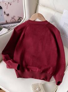 SHEIN Tween 女童休闲纽扣前插肩袖开衫毛衣，秋冬款 - 酒紅色 - 查看 2