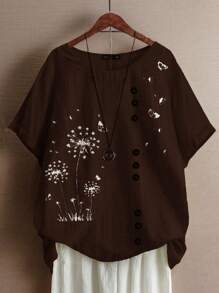 SHEIN LUNE Kemeja Kasual Motif Bunga Dandelion Ukuran Besar, Musim Semi/Musim Panas - Coklat - View 3