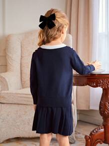 SHEIN 2 件套年轻女孩针织毛衣套装，海军蓝学院风针织毛衣和裙子套装，秋冬，海军蓝 - 藏蓝色 - 查看 2