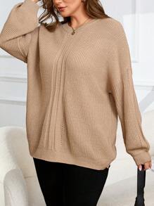Plus Size Casual Solid Color Drop Shoulder Sweater, Autumn/Winter Knit Pullover Fall - Khaki - View 3