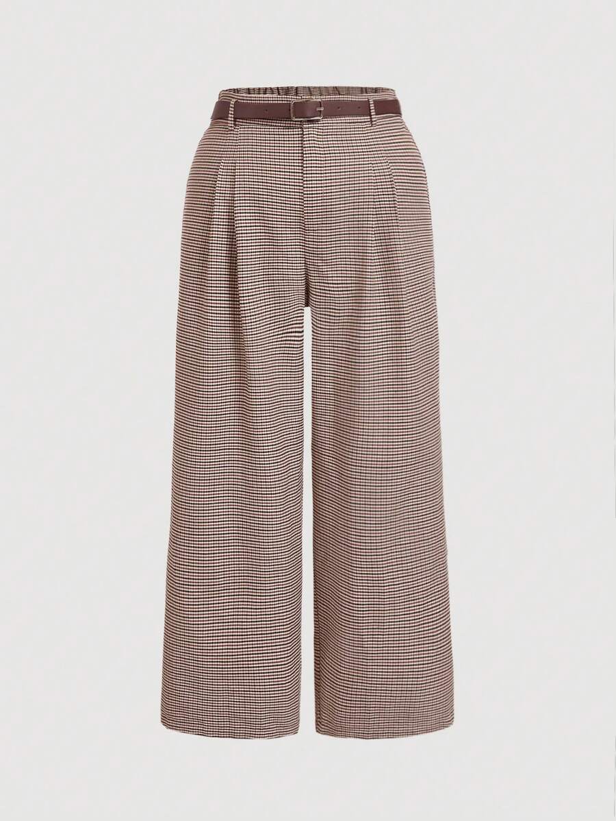 SHEIN MOD Plus Size Pleated Waist Retro Romantic Comfortable Straight Leg Plaid Wide Leg Pants - Multicolor - View 1