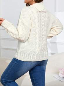大码纯色休闲高领长袖针织套头衫，秋冬季款 - 白色 - 查看 2