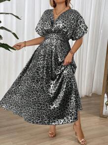 SHEIN Unity Plus Size V-Neck Leopard Print Short Sleeve Dress - Multicolor - View 7