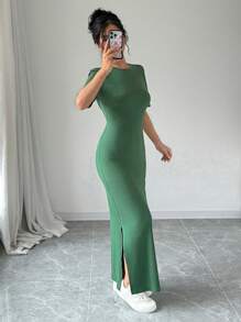 Chiquease 女士夏季纯色开叉大腿 T 恤连衣裙（无包袋）超长女士服装 - 綠色 - 查看 6