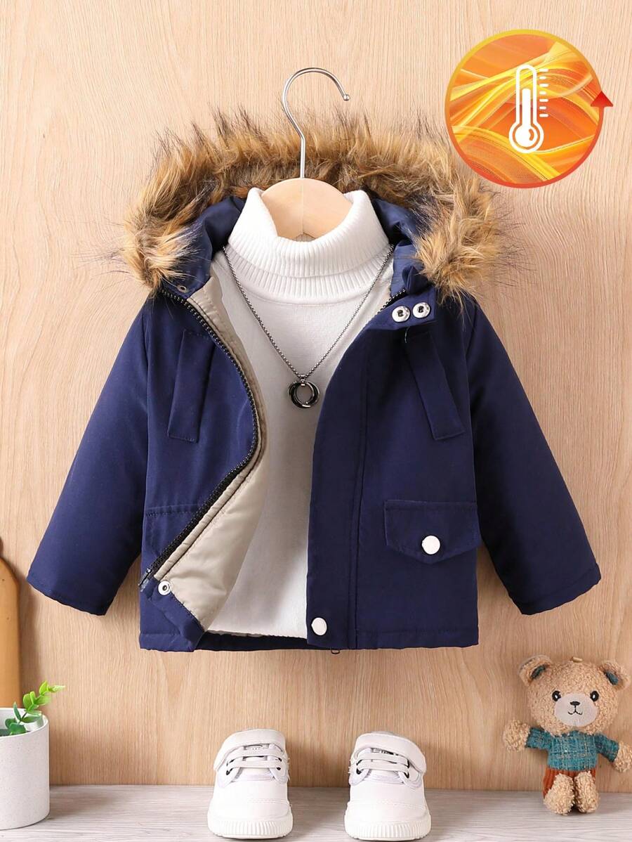 Chaqueta gruesa con capucha y cuello mullido para bebé niño, otoño invierno - Azul Marino - Ver 1