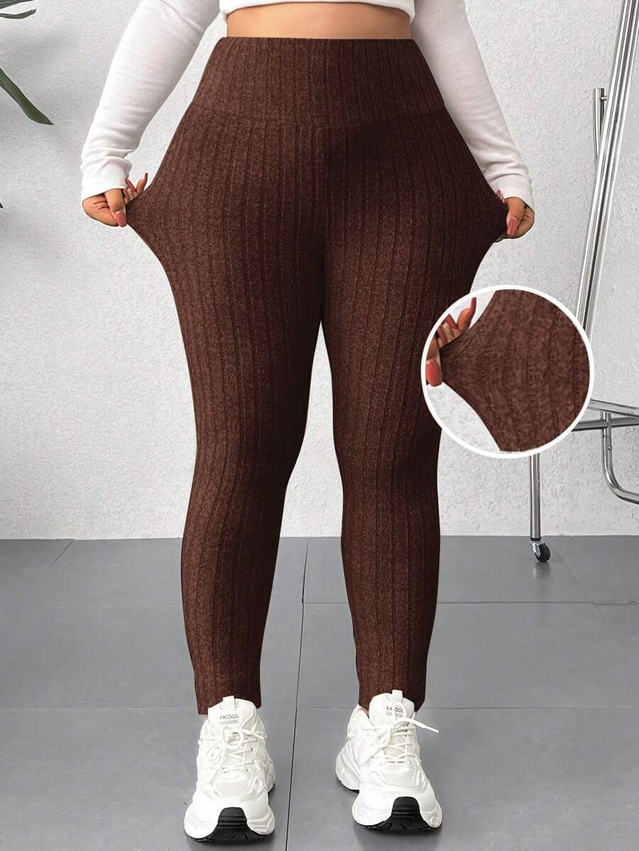 SHEIN EZwear Plus Size Women Solid Minimalist Everyday Leggings - Chocolate Brown - View 1