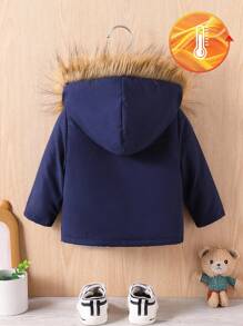 Chaqueta gruesa con capucha y cuello mullido para bebé niño, otoño invierno - Azul Marino - Ver 2