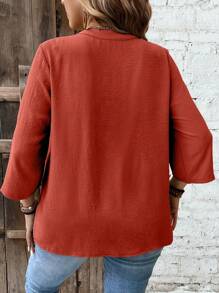 EMERY ROSE Plus Size V-Neck Color Block Lace Sleeve Button-Down Casual Blouse Suitable For Outdoor, Vacation