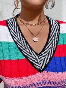 Calvaya 大码女式 V 领多色长袖针织连衣裙 - 彩色 - 查看 5