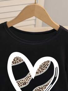 SHEIN Teen Girl 2pcs Heart Print White Round Neck Long Sleeve Top With Leopard Pants Casual Homewear Set