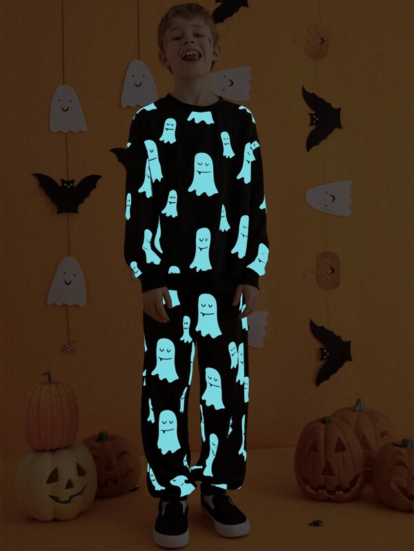 THE HAPPY LOOK Tween Boys Glow In The Dark Ghost Print Knitted Crew Neck Sweatshirt & Pants 2-Piece Casual Outfit For Autumn Winter Halloween