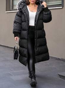 RueChic 大码女式黑色冬季大衣 毛领 罗纹袖口 - 黑色 - 查看 5