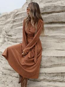 Aveloria Modichic High-End Velour V-Neck Buttoned Cinched Waist Waist Slimming Long Sleeve Dress For Women