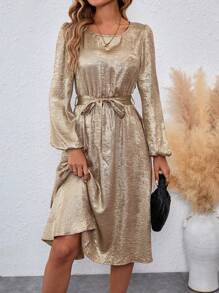 Chiquease Vestido largo de manga larga con escote redondo, cintura marcada y lazo para mujer con brillo metálico para fiestas y celebraciones de Año Nuevo - Dorado - Ver 6