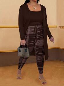 SHEIN LUNE Bộ đồ lót tay dài màu trơn đơn giản cho nữ cỡ lớn và quần in họa tiết - Cà phê nâu - Xem 1