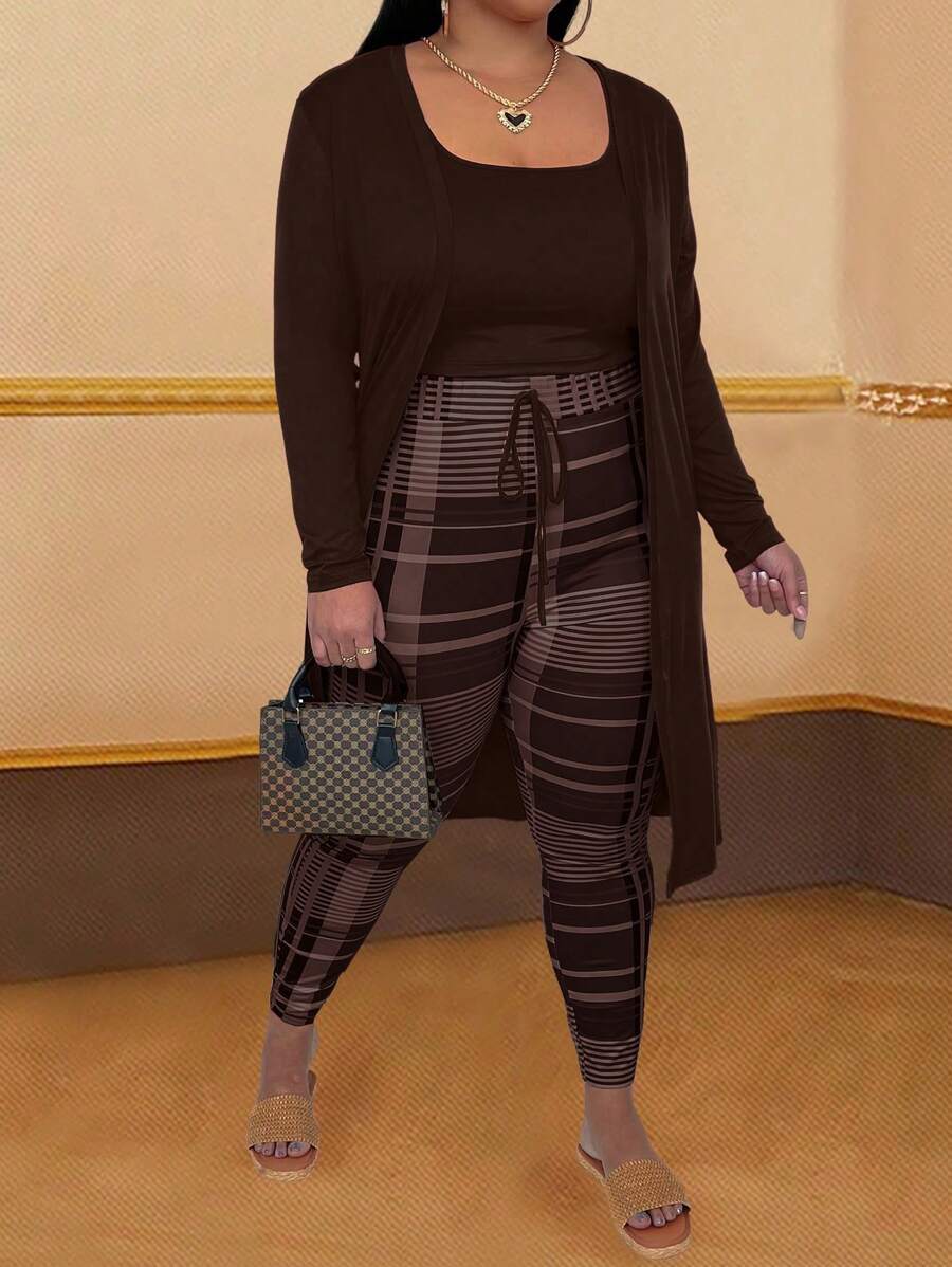 SHEIN LUNE Bộ đồ lót tay dài màu trơn đơn giản cho nữ cỡ lớn và quần in họa tiết - Cà phê nâu - Xem 1