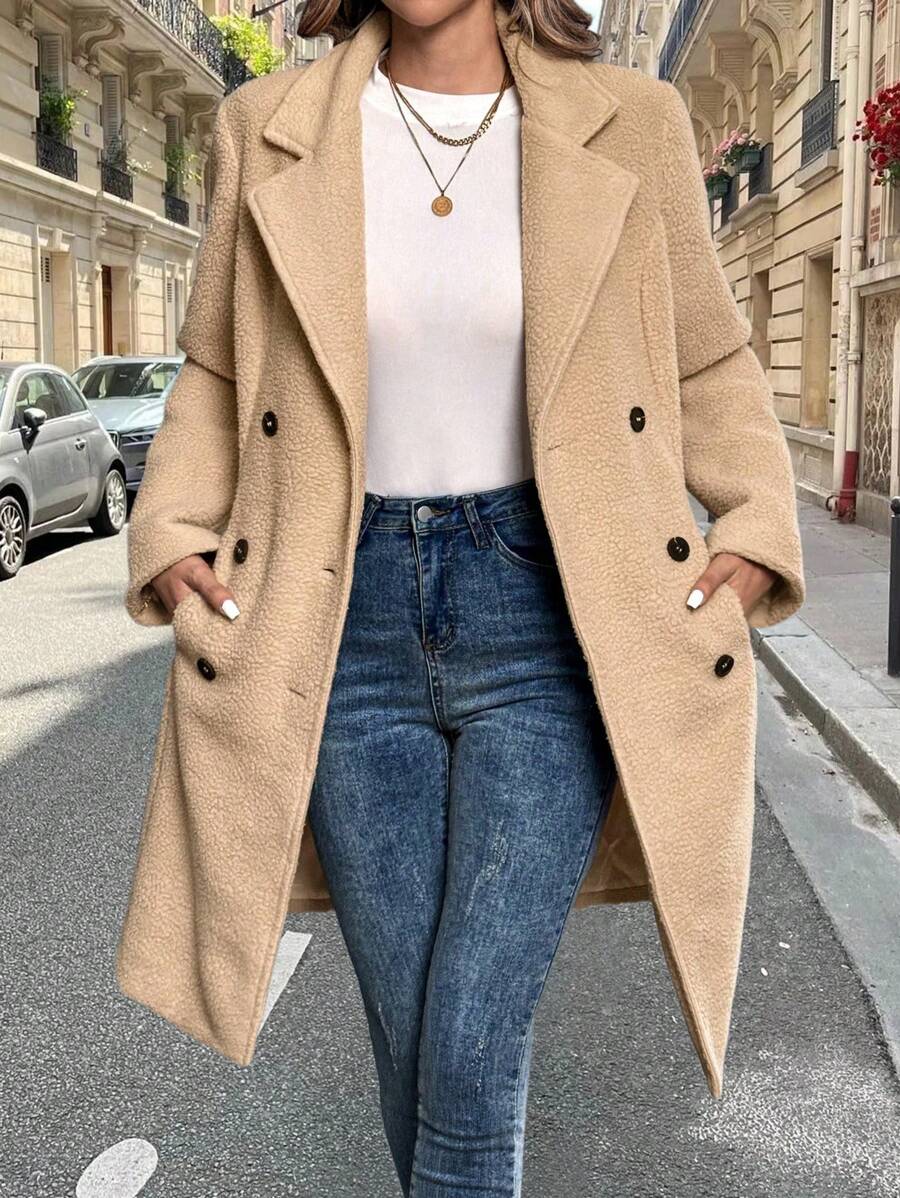 Chiquease Damen Einfarbiger Flauschiger Mantel mit Doppelreihe und langen Ärmeln, Herbst/Winter