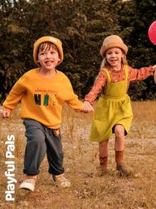 SHEIN 2 件年轻女孩可爱/复古/休闲小狗全身印花长袖衬衫和吊带裙 2 件套，适合室内和室外，春/秋/冬