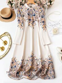 SHEIN LUNE Plus Size Women Vintage Style Printed Crew Neck Long Sleeve Dress Fall Cloth For Women