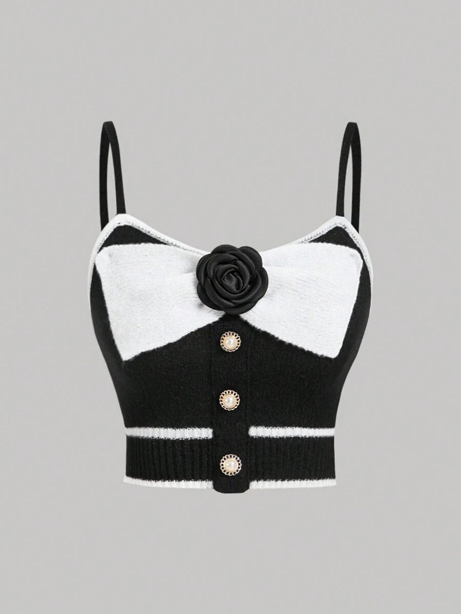 SHEIN MOD Plus Size Sweet Vintage Bowknot 3D Flower Knit Top - Black and White - View 1